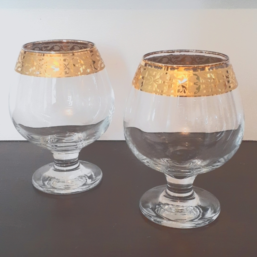 % Pair vintage gold rim crystal brandy balloon snifters